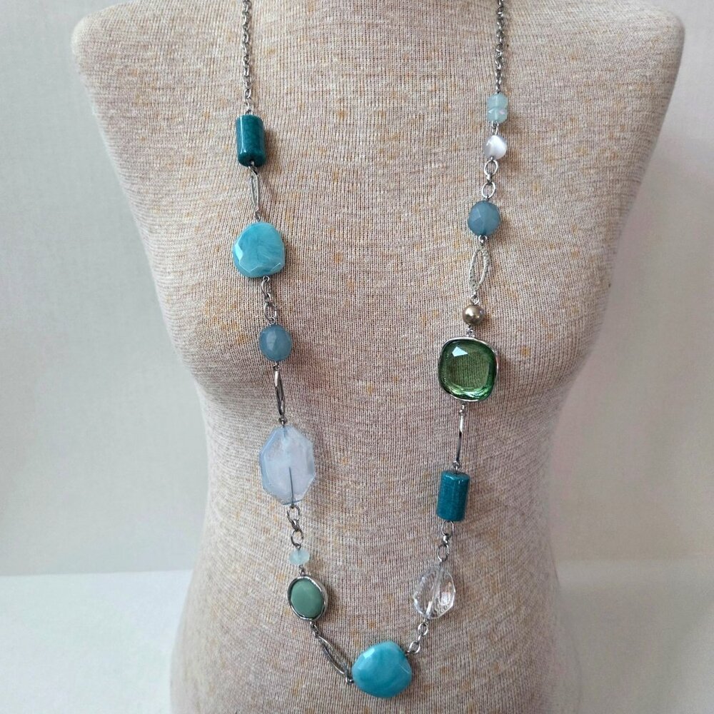 Chicos Necklace Silvertone Turquiose Chunky Beaded Adjustable 32" - 42" Beachy